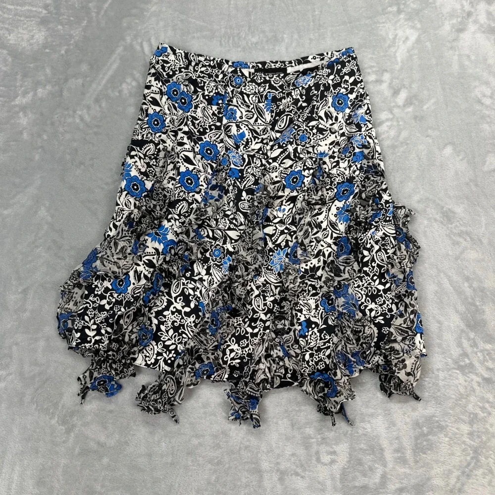 INC International Concepts Silk Floral Ruffle Handkerchief Hem Midi Skirt Blue 6 - Picture 5 of 5